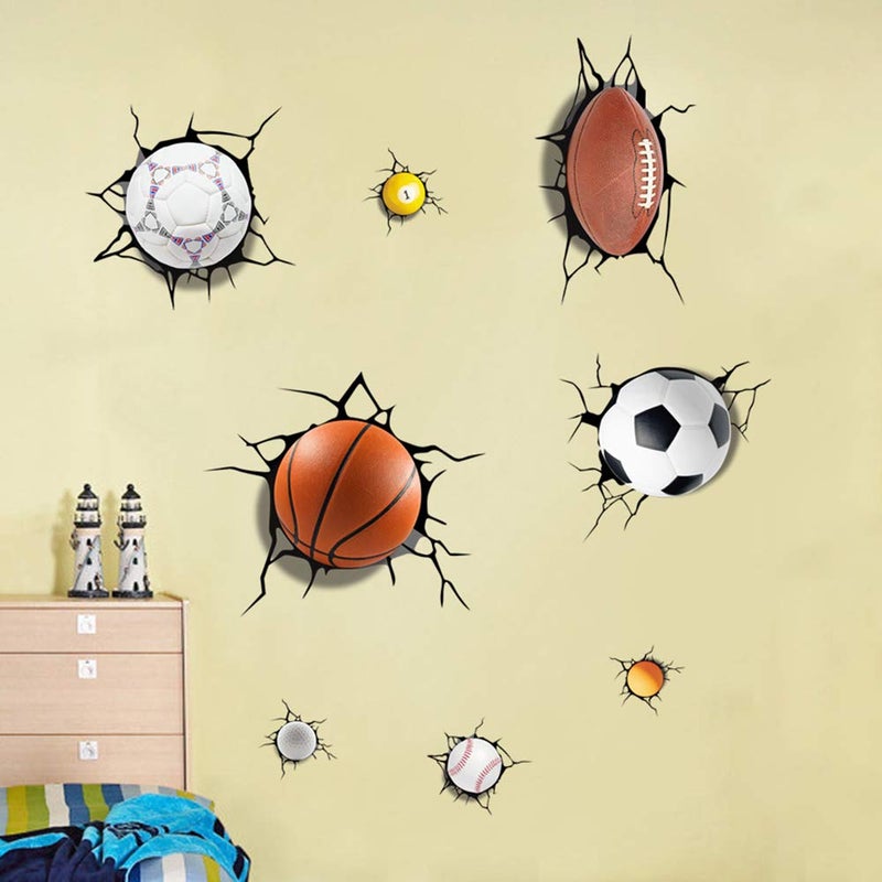 Supzone Sport Balls 3D Wall Stickers Break Through DIY Basketball, Rugby, Baseball, Football Wall Decor Boys Playroom, Bedroom, Classroom, Living Room - Image 3